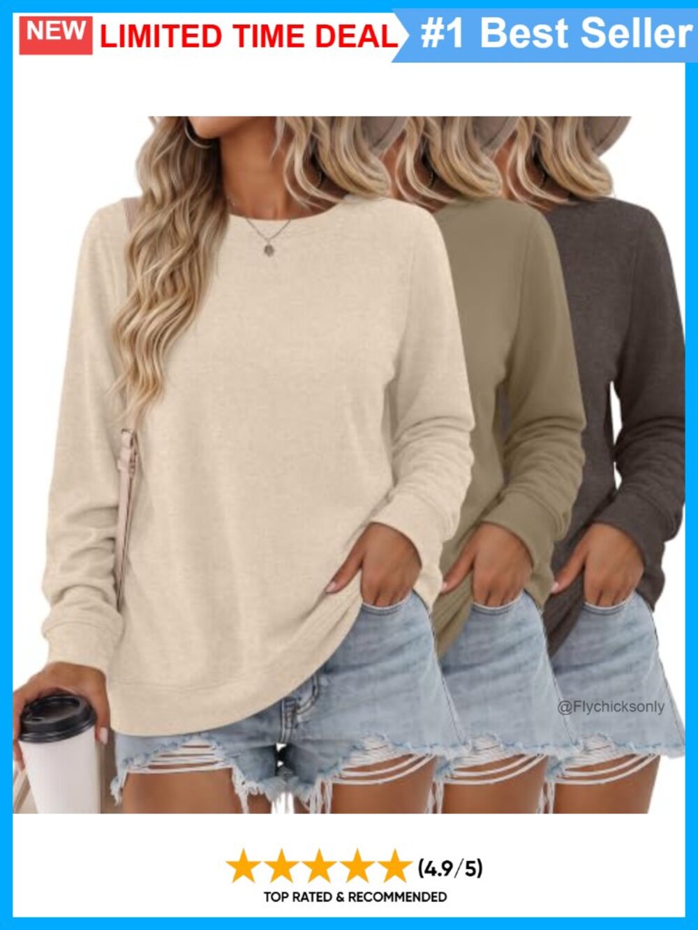 Women's 3 Pack Long Sleeve Crew Neck Cotton Sweatshirts Pullover